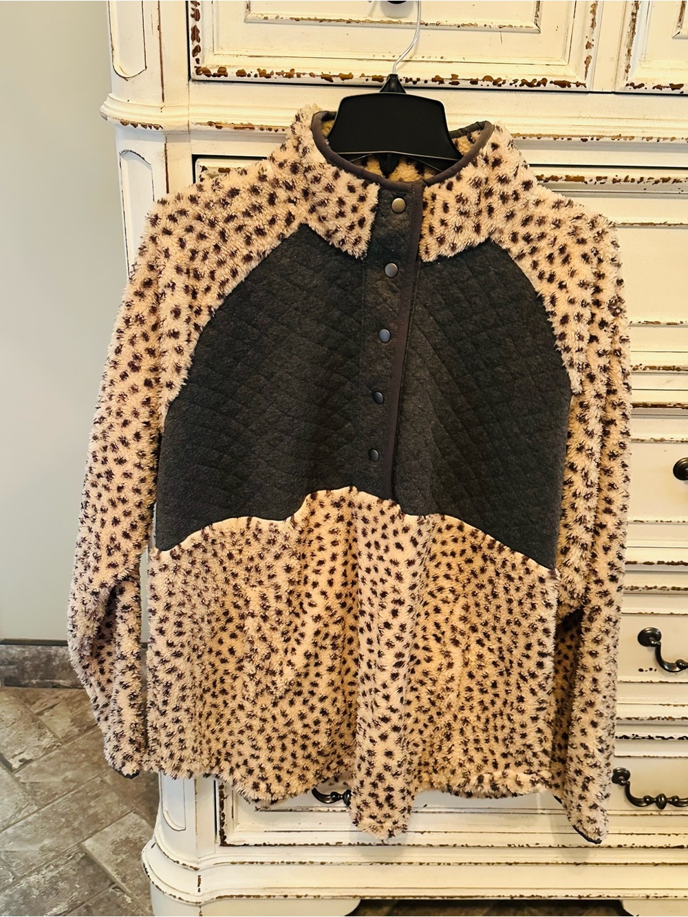 Maurices Leopard-Print Teddy Jacket with Black Quilted Yoke